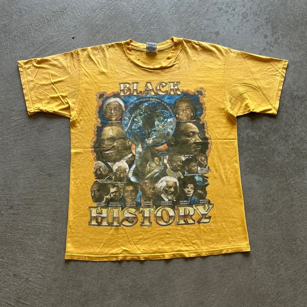 Vintage 2002‎ Black History Shirt Size XL Yellow Double Sided MLK Malcolm X